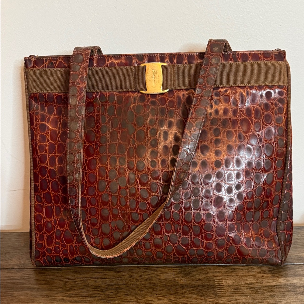 Salvatore Ferragamo Brown Crocodile Shoulder Bag